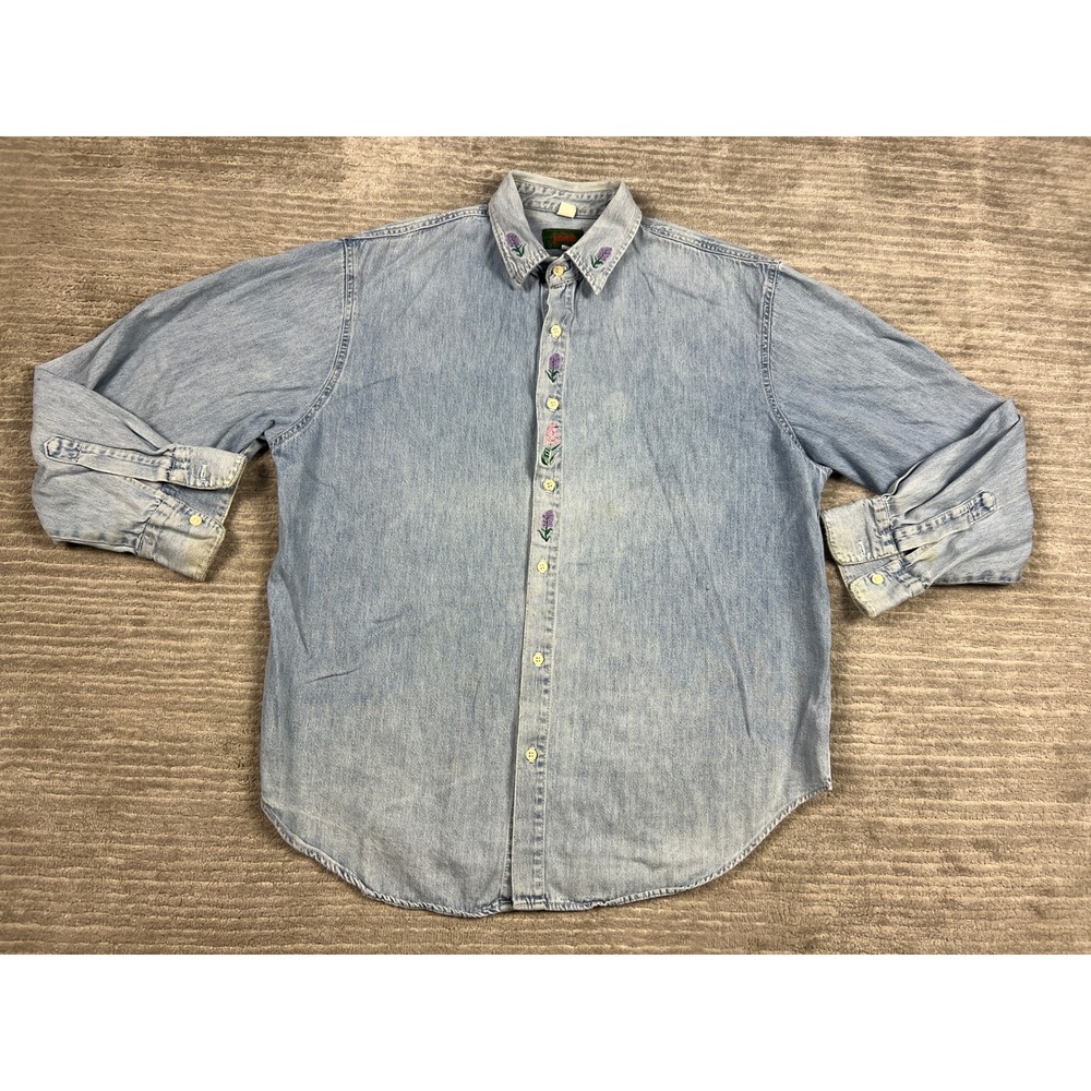 For Joseph Denim Shirt Mens M Light Blue Floral Embroidered Vintage Made in USA